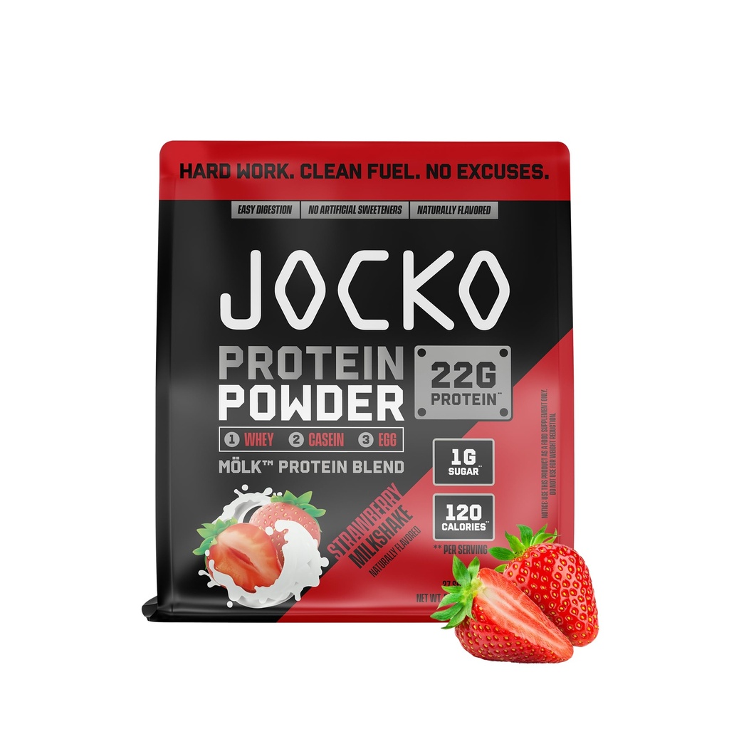 Jocko Fuel Mölk Whey Protein Powder 22g Low Sugar Monk Fruit Blend - Muscle Recovery &amp; Growth, Packaging May Vary (27 Servings, Strawberry Milkshake)