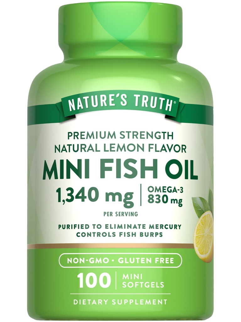 La verdad de la naturaleza Mini Fish Oil Omega 3 ← 100 Softgels ← Burpless Lemon Flavor ← No Gluten Suplemento gratuito