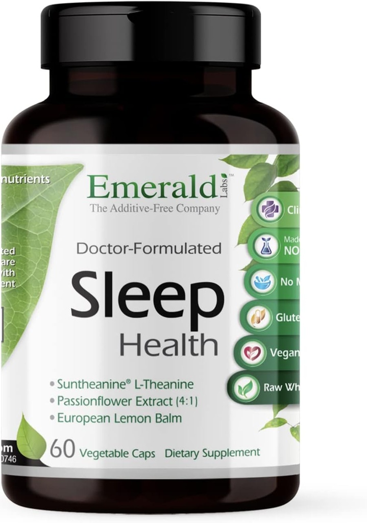 Laboratorios Esmeraldas Salud del sueño - Suplemento de Apoyo al sueño con Suntheanine L-Theanine, Melatonin, European Lemon Balm &amp; Passionflower - Gluten Free, Vegan - 60 cápsulas vegetales (hasta 30 días de suministro)