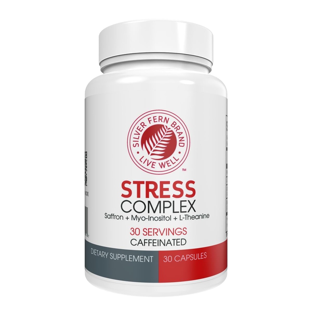 Suplemento Complejo de Estrés de Fern de Plata - con Caffeine, Worry, Mood &amp; More - con Suplementos de Saffron, L-Theanine y Myo-inositol - Suplementos de Alivio de Estrés Natural - 30 Serviciones
