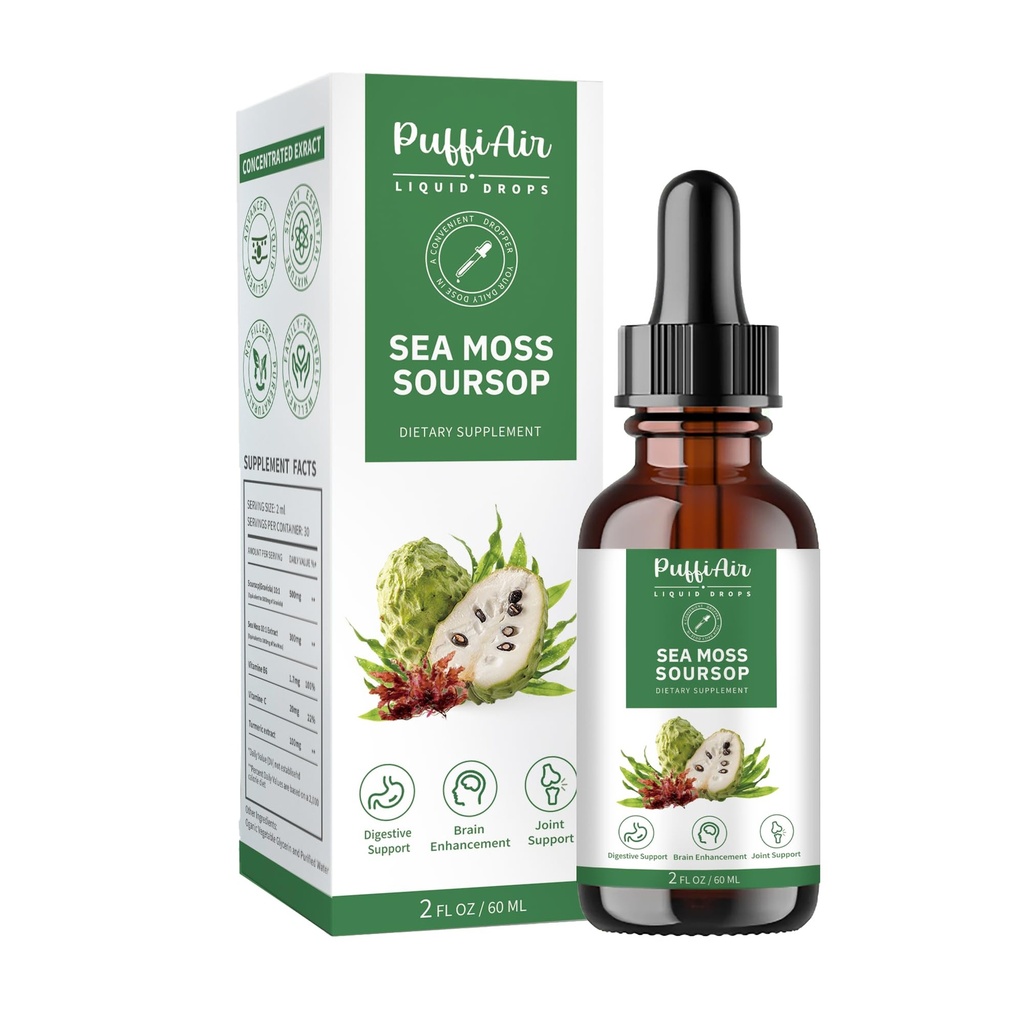 PUFFIAIR Soursop (Graviola) " Sea Moss Liquid Drop for Cell Support " Regeneración, Immune Boost, Relax, Liver and Sleep, Herbal Extract, Sugar/Gluten Free, Natural Flavor, 2 Fl Oz/60ml