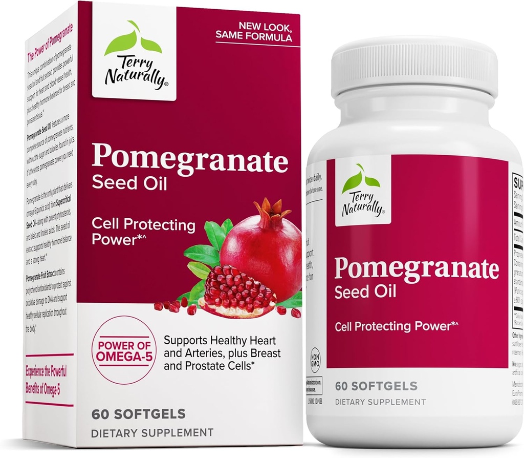 Terry Naturalmente Pomegranate Seed Oil - Suplemento dietético de Apoyo a la Salud Cardiovascular - Suplemento Herbal Non-GMO con Omega-5 " Pomegranate Extracto - 60 Softgels