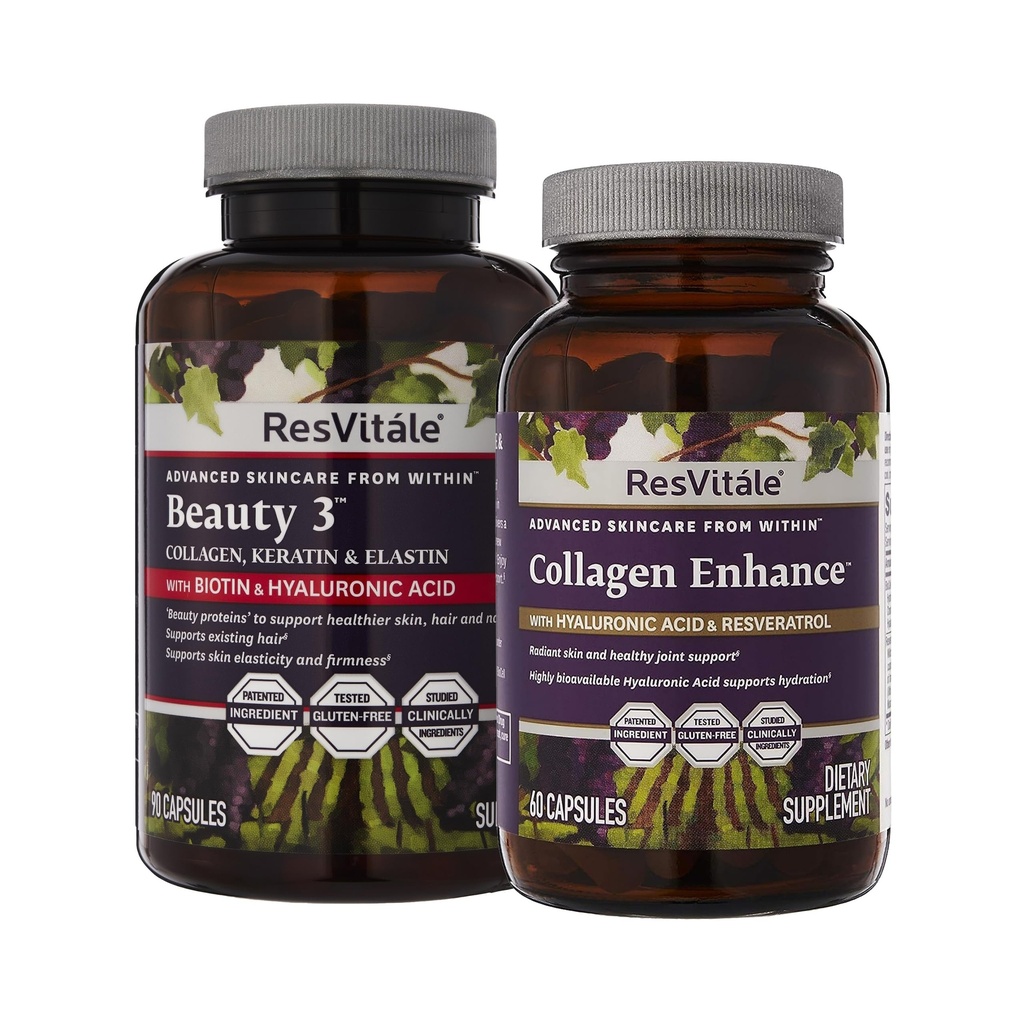 ResVitale Beauty 3 - Suplemento de cuidado de piel con Collagen, Keratin & Elastin - 90 cápsulas &amp; Collagen Enhance - Suplemento de belleza con ácido hialurónico " Resveratrol - 60 cápsulas