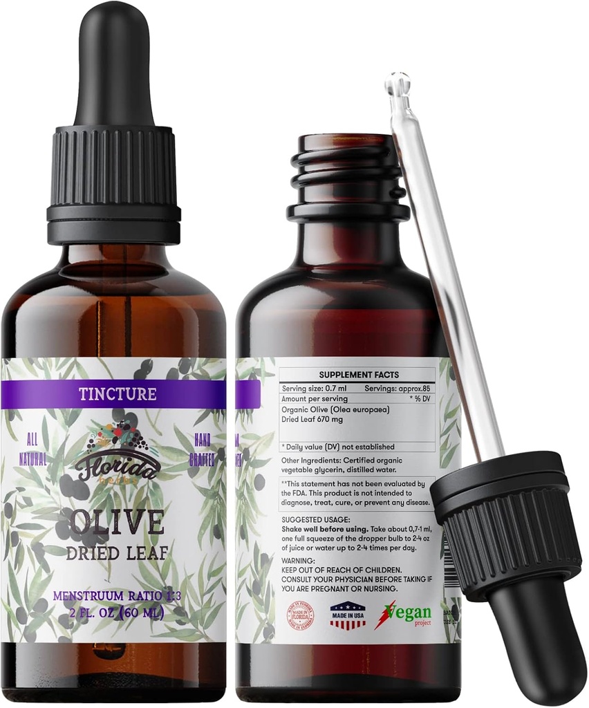 Orgánica Hoja de Oliva Tintura, Extracto de Oliva Líquido (Olea europaea) Leaf seco Suplemento herbario, No GMO en Glicerina vegetal orgánica prendida en frío, 700 mg, 2 oz (60 ml)