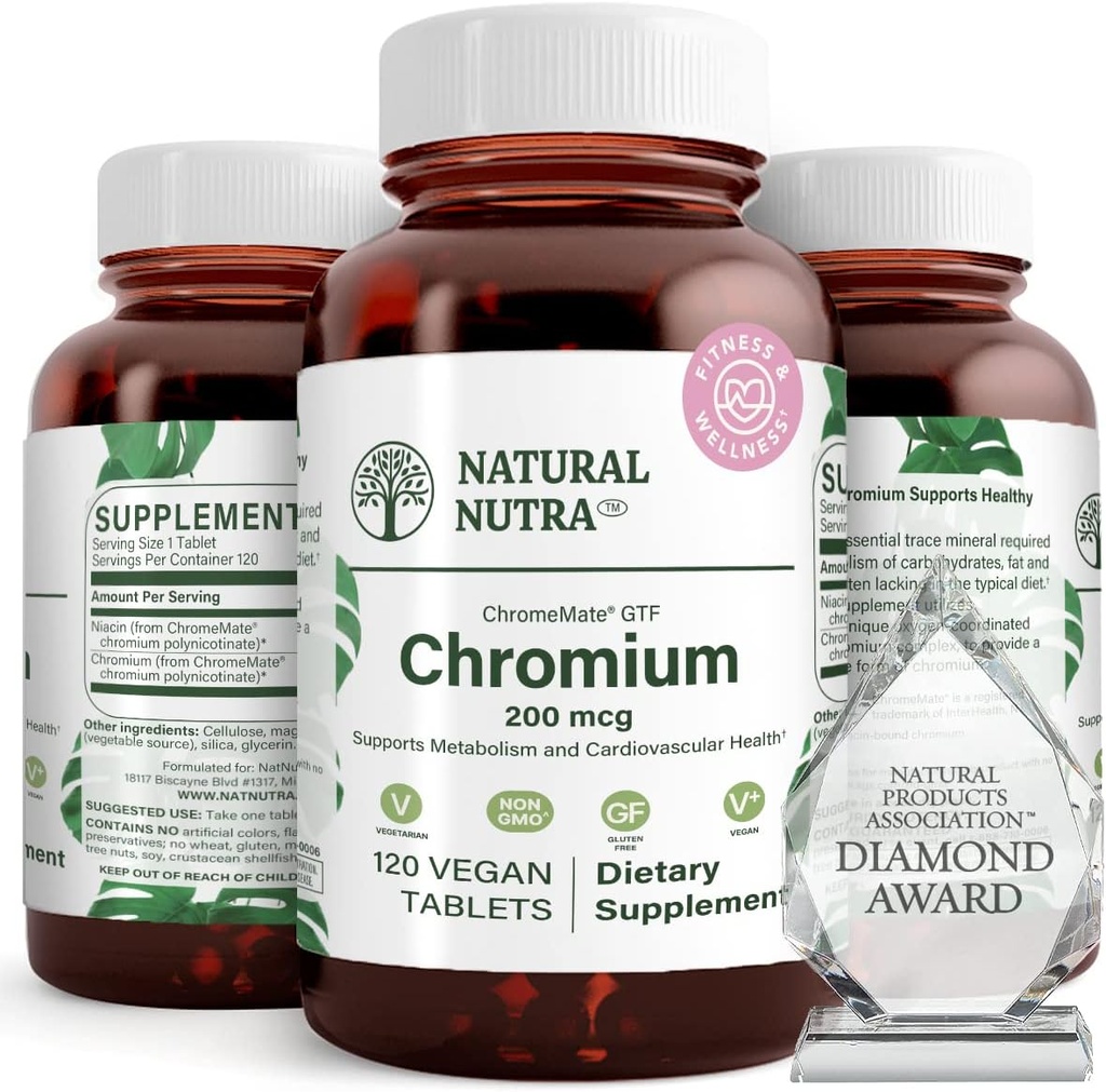 Natural Nutra GTF Chromium Polynicotinate con ChromeMate, soporta el metabolismo corporal, ayuda la salud cardíaca, mantener el nivel de grasa corporal, mejorar la digestión, la salud cardiovascular, 200 mcg, 120 tabletas Vegan