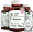 Natural Nutra GTF Chromium Polynicotinate con ChromeMate, soporta el metabolismo corporal, ayuda la salud cardíaca, mantener el nivel de grasa corporal, mejorar la digestión, la salud cardiovascular, 200 mcg, 120 tabletas Vegan