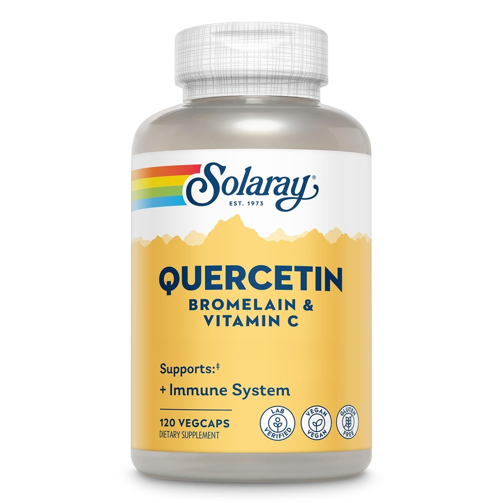 SOLARAY Quercetina con Bromelaina y Vitamina C - Suplemento de Apoyo Inmunitario - Complejo de Salud Antioxidante y Corazón con Quercetina 500mg y 1235mg VIT C - Garantía Vegana, 60 Días, 60 Serv, 120 VegCaps