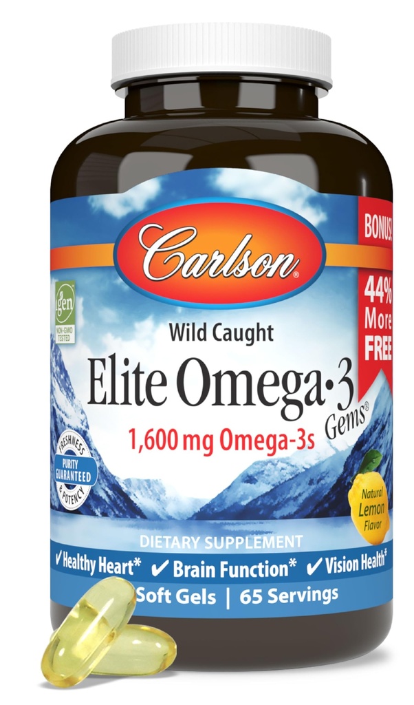 Carlson - Elite Omega-3 Gems, 1600 mg Omega-3 ácidos grasos incluyendo EPA y DHA, suplemento de aceite de pescado noruego, fuente sostenible Omega 3 cápsulas de aceite de pescado, Lemon, 130 Softgels