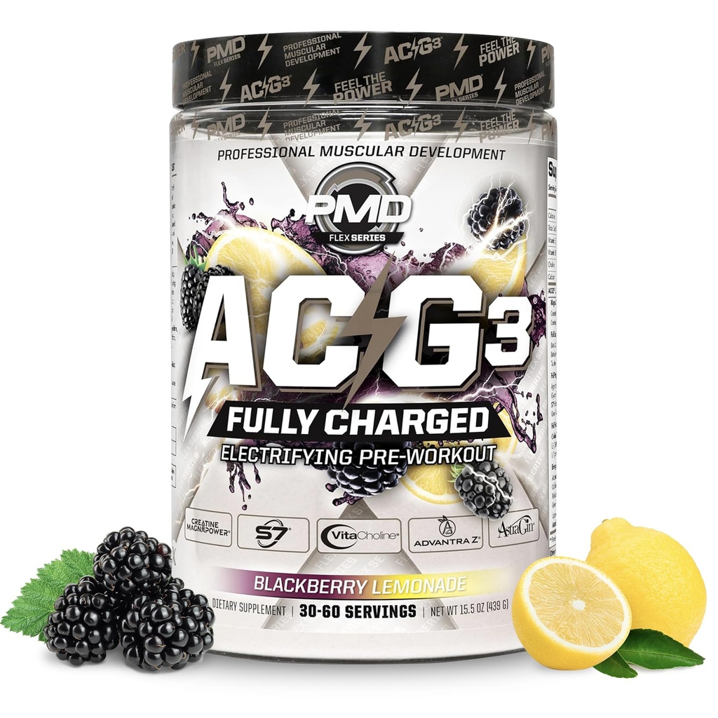 PMD Sports ACG3 Fully Charged - Electrifying Pre Workout Powder - High Energy &amp; Pump Pre Workout para Hombres y Mujeres para Maximizar Focus, Endurance & Performance - BlackBerry Lemonade (30-60 Servings)