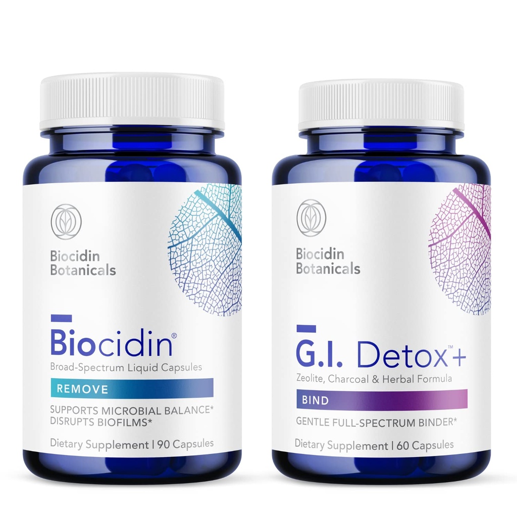 Biocidin Capules y GI Detox+ Binder Bundle - admite el desmantelamiento de biopelículas, desintoxicación saludable y limpieza completa con botánicos, Zeolite y carbón activado