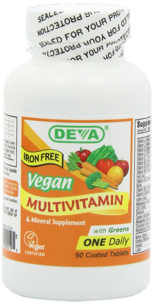 DEVA Vegan Iron-Free Multivitamin &amp; Mineral Suplemento, Green Food Blend, Spirulina, Clorella, Ashwagandha, Broccoli, 90 Coated Tablets