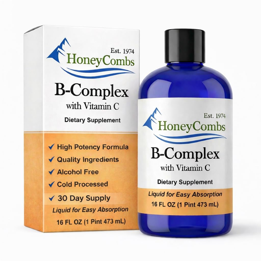 HoneyCombs Vitamina B Complex Drops – Suplemento líquido con vitamina B1, B2, B3, B5, B6, B7, B9, B12 &amp; Vitamina C – Super B Complejo Vitaminas – Suplemento líquido libre de alcohol, 16 Fl Oz.