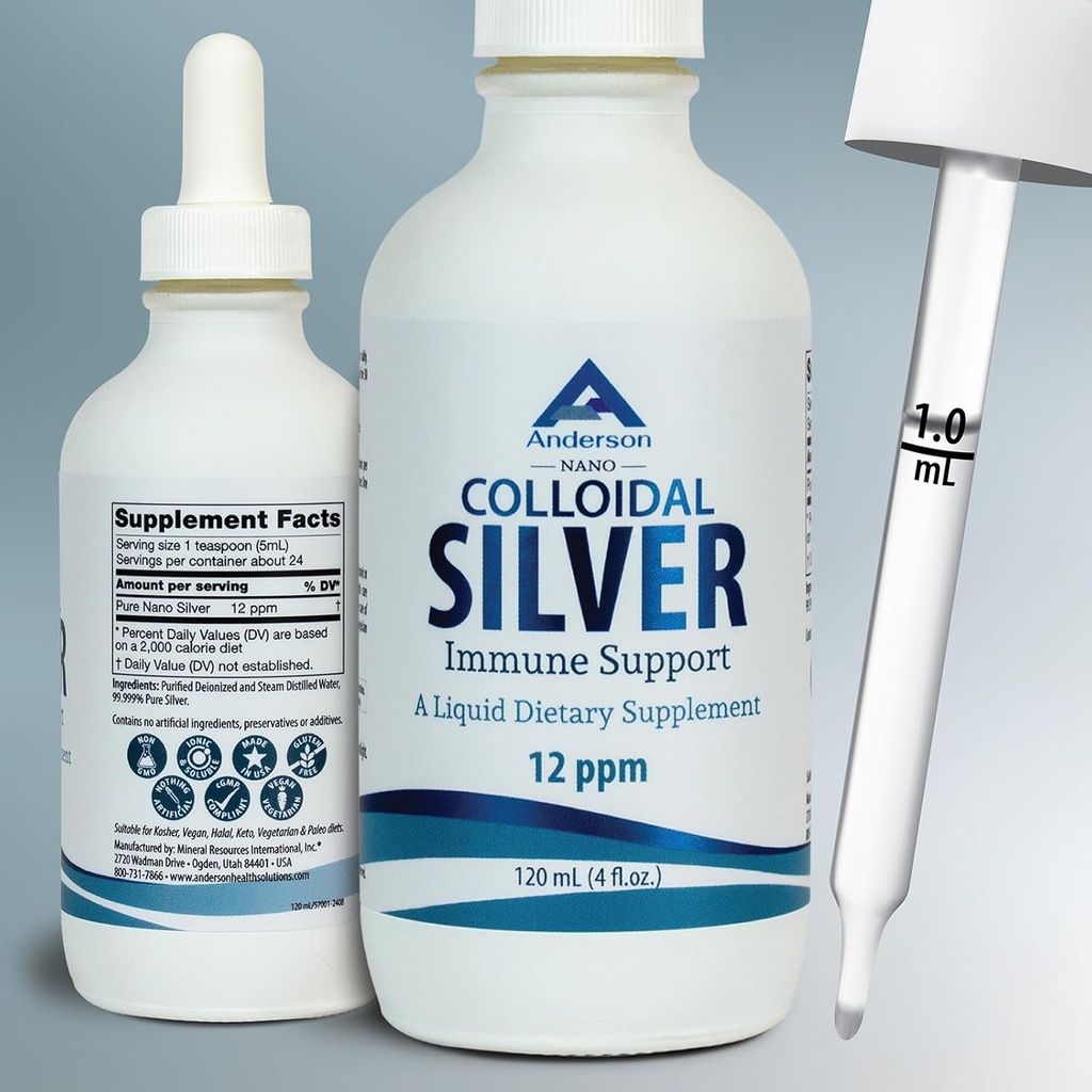 Nano Colloidal Plata Líquido para Soporte Inmuno, 12 PPM Deionizado Plata, 4 botella de vidrio Oz con gotero de medición, 24 piezas