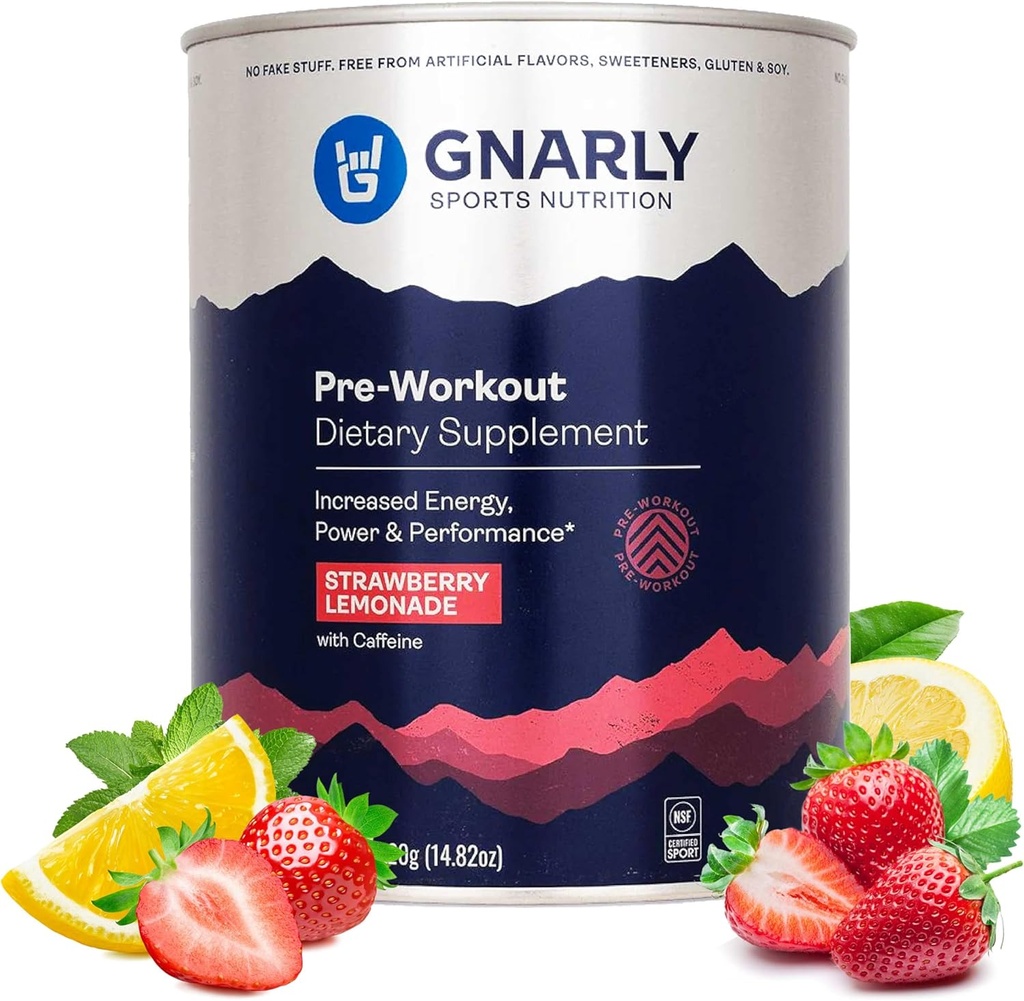 [BRSWGZYCBABWAALD] Gnarly Nutrition Natural Pre-Workout Powder, Strawberry Lemonade – NSF Sport Certified, Endurance & Recovery – Vegan Pre-Workout, Sports Nutrition – Strawberry Lemonade with Caffeine, 14.82 oz