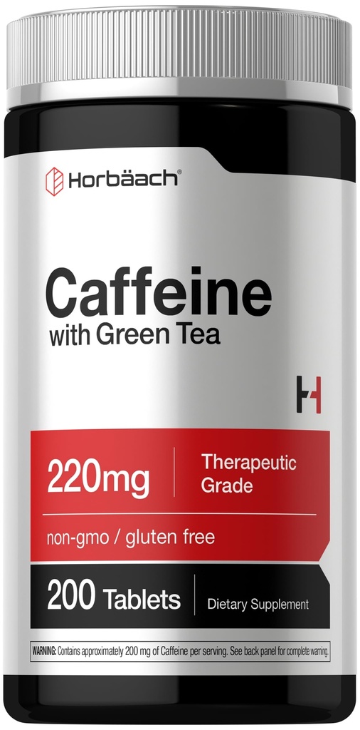Horbäach Caffeine Pills 200mg | with Green Tea | 200 Tablets | Vegetarian, Non-GMO & Gluten Free