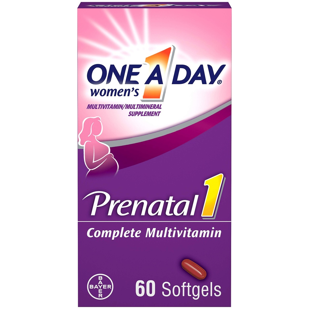 1 Día de la Mujer Prenatal 1 Multivitamina incluyendo vitamina A, vitamina C, vitamina D, B6, B12, Hierro, Omega-3 DHA &amp; más, Tablet,Softgels, 60 Cuenta - Suplemento para antes, durante, " Embarazo