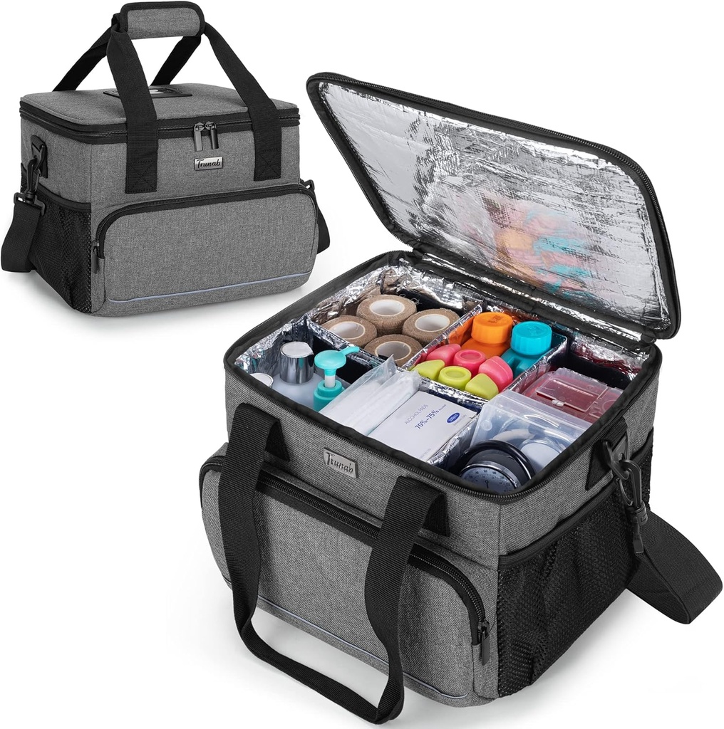 Trunab Bolsa médica aislada con divisores ajustables, suministros de medicina bolsa resistente al agua para el hogar, viajes, camping, bolsa vacía - diseño patentado, gris
