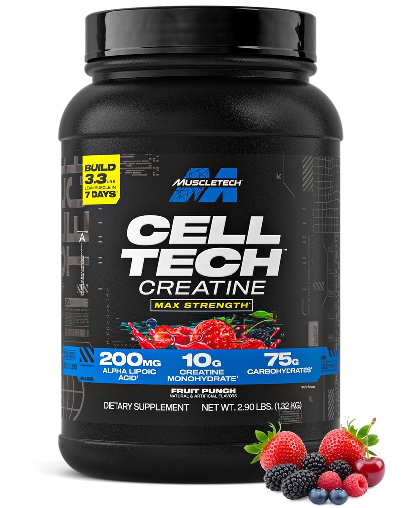 MuscleTech Creatine Monohydrate Powder Cell-Tech Creatine Post Workout Recuperación Bebida Muscle Builder Para Hombres &amp; Mujeres Muscle Building Suplementos Fruit Punch, 3 lbs (27 Serv)