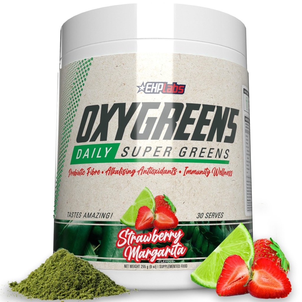 Laboratorios EHP OxyGreens Super Greens Powder - Spirulina & Clorella Superfood, Green Juice Powder & Greens Suplementos con Fibre Prebiótico, Antioxidantes &amp; Immunity Support, 30 Serves (Strawb. Margarita)