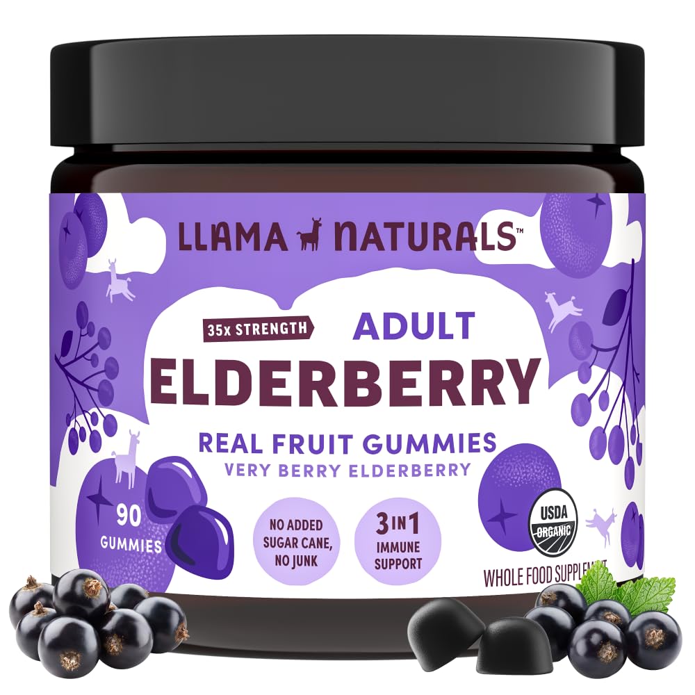 Llama Naturals Gummies de Elderberry para Adultos, Vegan, Orgánica Immune Support Suplemento con Vitamina C y Zinc, Frutas Reales Gummy Vitaminas para Inmunidad, Chewable, No Añadido caña de azúcar, 90 Ct
