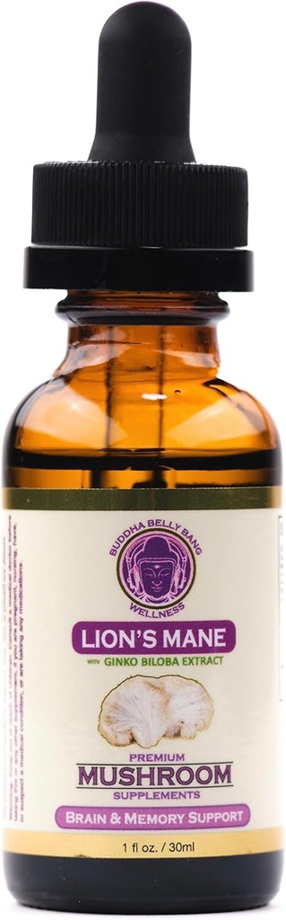Lions Mane Mushroom Supplement - Organic Mushrooms - Dual-Extraction Oil Tincture w/ Ginkgo Biloba - Soporte para Cerebro, Memoria, Focus, Gut Health - 30ml, 1 Fl Oz (Pack of 1)