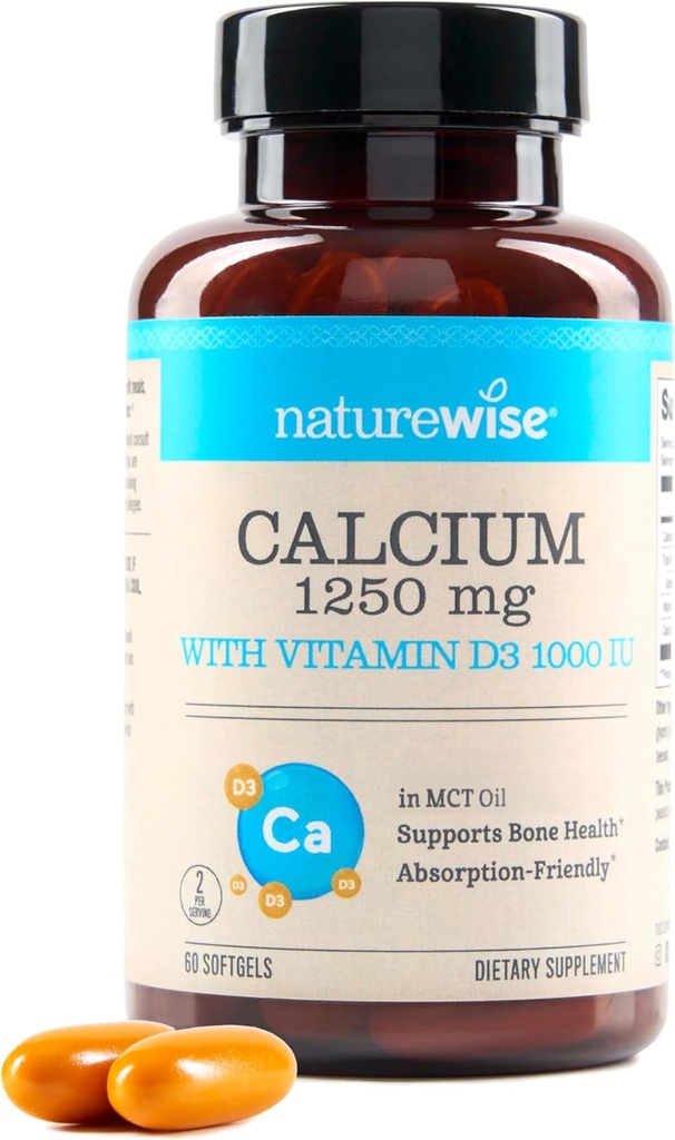 [BRSRAAT2BACBOFDG] NatureWise High-Purity, All-Natural Calcium 1250mg + Vitamin D3 1000IU + Organic MCT Coco Petróleo Seguro de embarazo + No GMO - Absorción Friendly, Gluten Free - 60 Softgels[30-Day Supply]