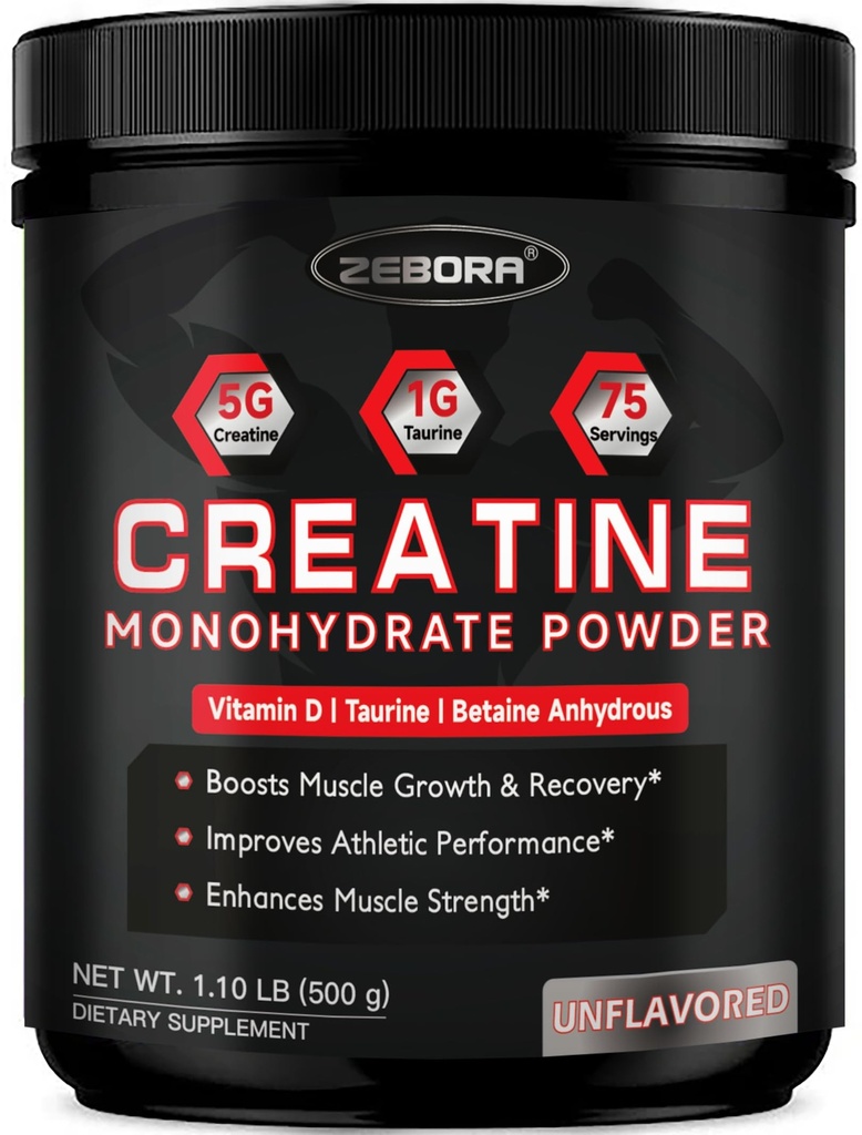 ZEBORA Micronized Creatine Monohydrate Powder, Creatine Monohydrate for Women-Men, Ayuda a la recuperación del músculo, mejora el tamaño del músculo &amp; fuerza con 5G Creatine y 1G Taurine