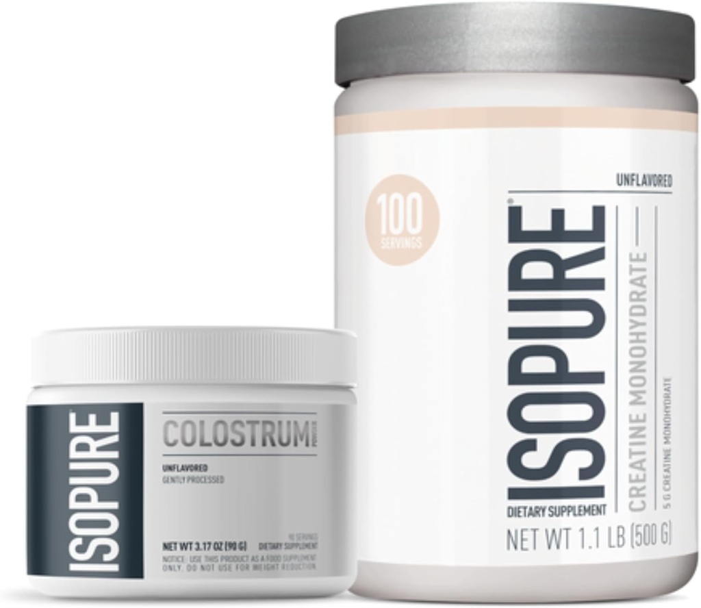 Agrupo de Isopure Bovine Colostrum Suplemento Polvo, Gently Procesado, 90 Serviciones + Isopure Desflavored Creatine Monohydrate Polvo, 5g Cretina Monohydrate por Scoop, 100 Servimientos, 500g