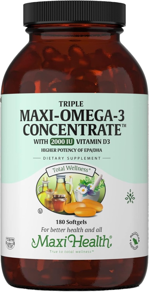 Suplemento de la Omega 3 - Petróleo Pez Omega-3 Concentrado con Vitamina D3 - Fuente Potente de ácidos grasos EPA/DHA - Corazón, Cerebro, Salud Conjunta - Kosher Certified Wild Caught Marine Fish - 180 Softgels