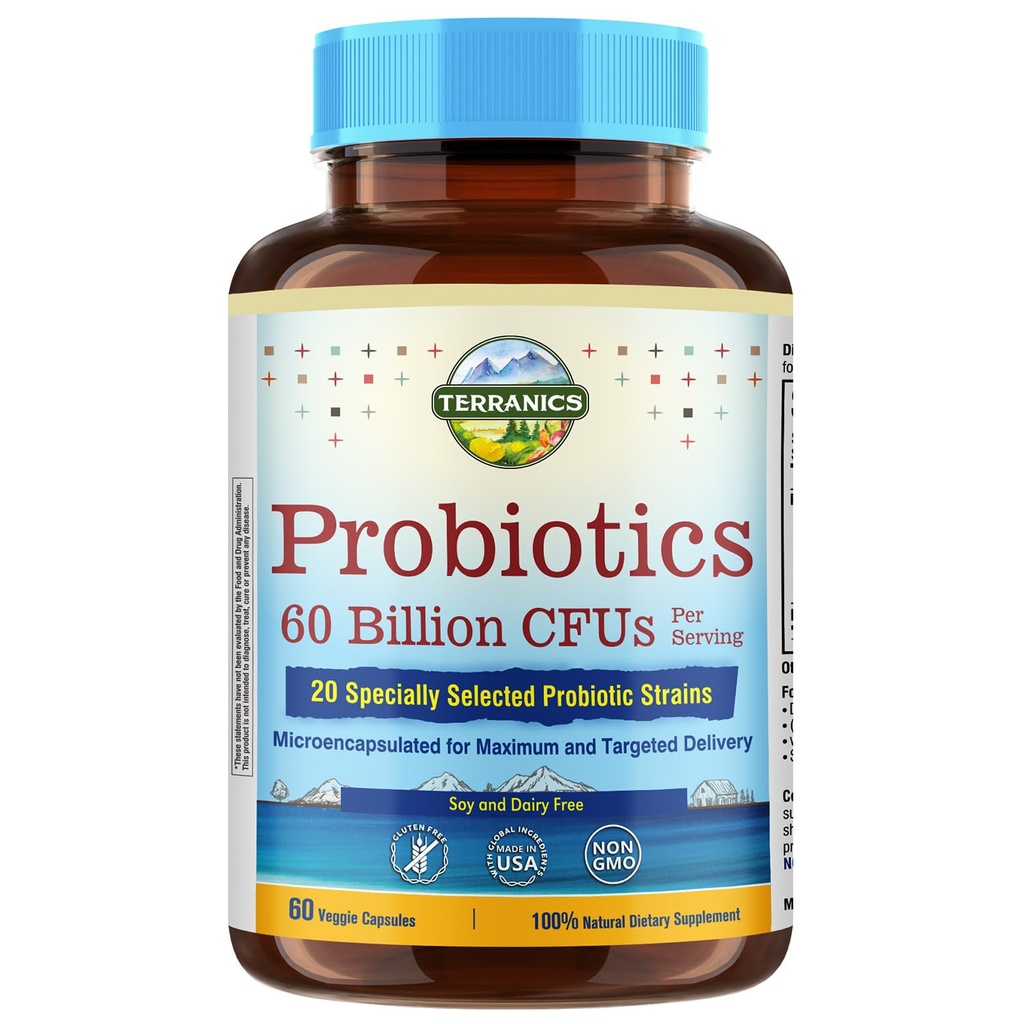 Probióticos terranicos 60 Billones CFU, 20 Strains, 60 Veg Capsules, Prebióticos " Probióticos, Suplemento Probiótico Estable para Hombres " Mujeres, Salud Digestiva " , No GMO, NO Soy, Dairy " Gluten