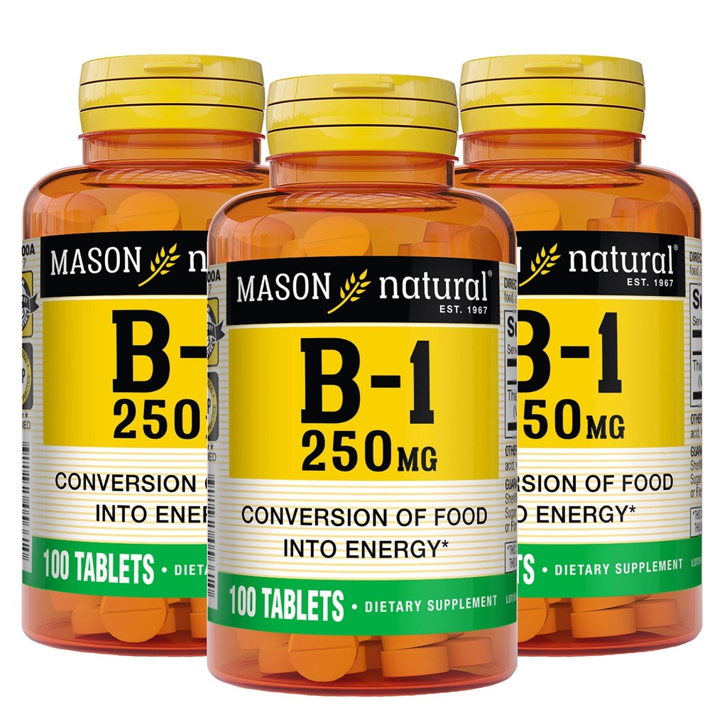 MASON NATURAL Vitamina B1 Thiamine 250 mg, 300,Day Supply, Dietary Supplement to Support Natural Energy Levels, 100 Tablets (Pack of 3)