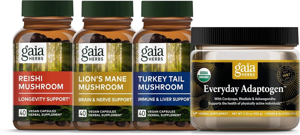 Gaia Herbs Magníficos salones Kit - Reishi Mushroom, Salón Mane de León, Salón de Tail de Turquía, Adaptógeno diario