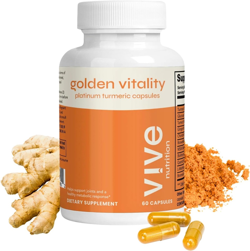 [BRSRAFD2OEMGYHLO] Golden Vitality Tormeric Curcumin Capsules - Platinum Blend con 95% Curcuminoides, Glucosamina, Condroitina, MSM & BioPerine - Soporte de Bono Conjunto - 60 Conde, 30 Días Suministro