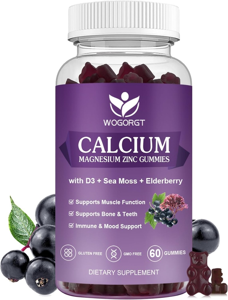 WOGORGT Calcium Magnesium Zinc Gummies with Vitamin D3 - High Absorption Complex Calcium Supplement with Sea Moss, Elderberry for Bone, Muscles, Immune, Mood &amp; Sleep Support, Vegan - 60 Gummies