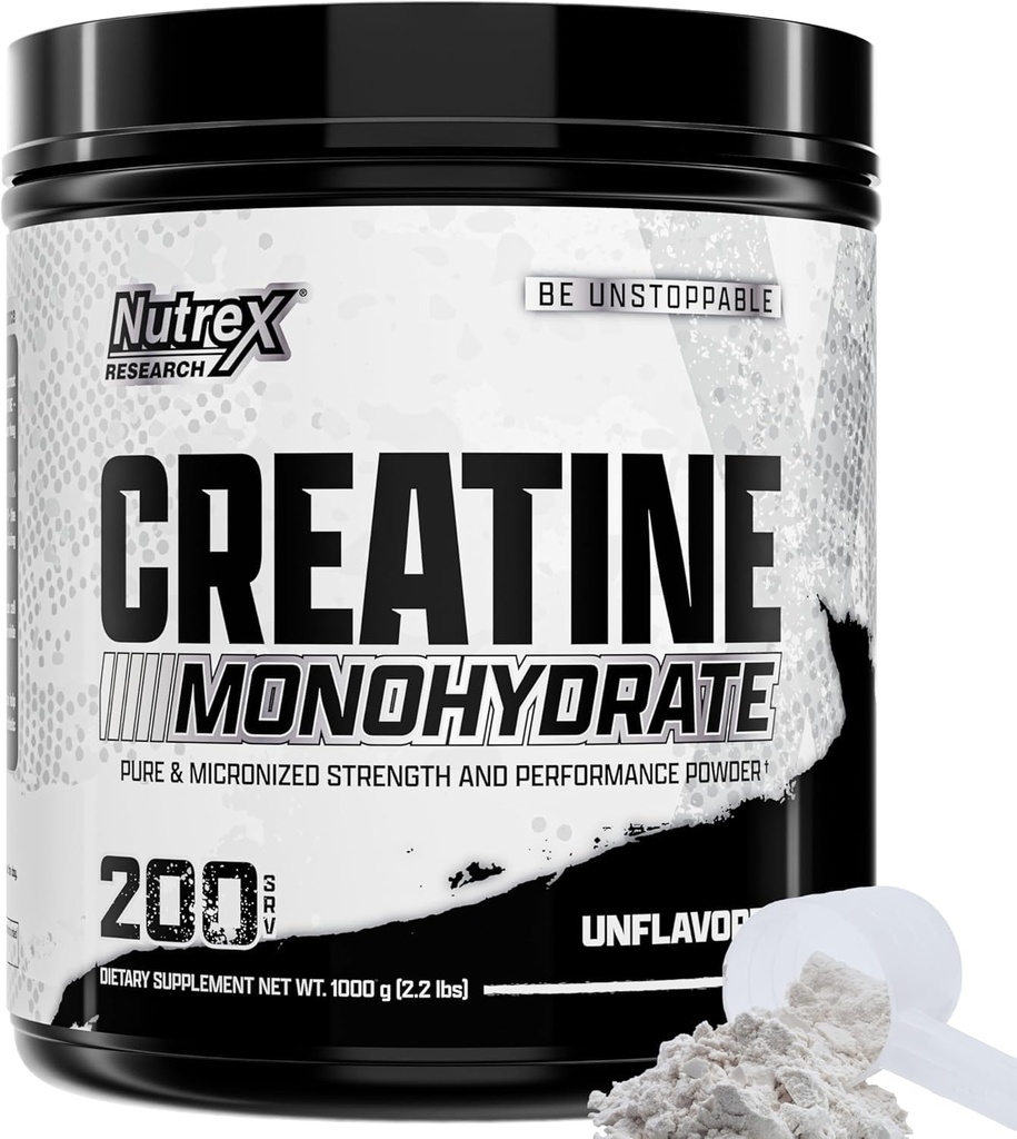 Nutrex Research Micronized Creatine Monohydrate Powder - 200 Servings (1KG) Puro, Unflavored Creatine Monohydrate Suplemento para la ganancia muscular, fuerza y rendimiento, 5G Por Serv (2.2lbs)
