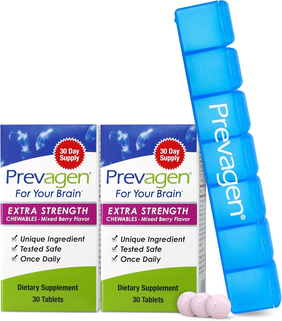 Prevagen Extra Strength Mixed Berry Chewables - 60 Tablets (2 Mes de Suministro) Silencio Formulado para Su Cerebro Silencio 20 mg de Apoaequorin Plus Vitamin D3 con 7-Day Pill Minder