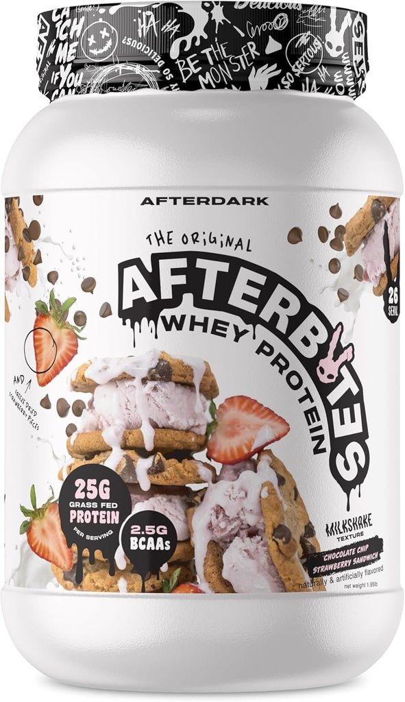 AFTERDARK Afterbites Whey Protein Powder, 25g Protein, 4.5g BCAA’s, Easy Dissolving, No Artificial Colors or Fillers, Isolate Protein, USA Made, 26 Servings, Strawberry Cookie Sandwich
