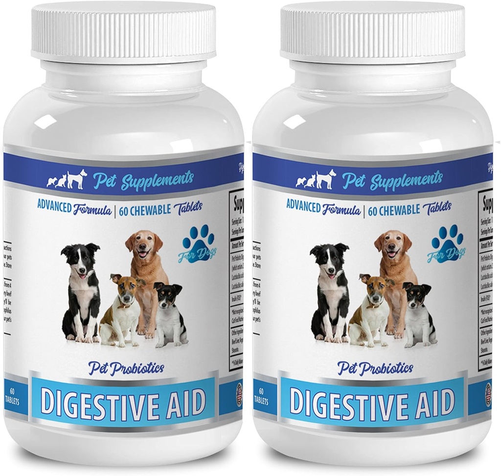 aditivo de alimentos para perros para mal aliento - DOG DIGESTIVE AID PROBIOTICS - NATURAL APPROACH - SOLUTION TO BAD BREATH AND GAS - COUNTER DIARRHEA - probióticos para perros alergias - 2 Botellas (120 Treats)
