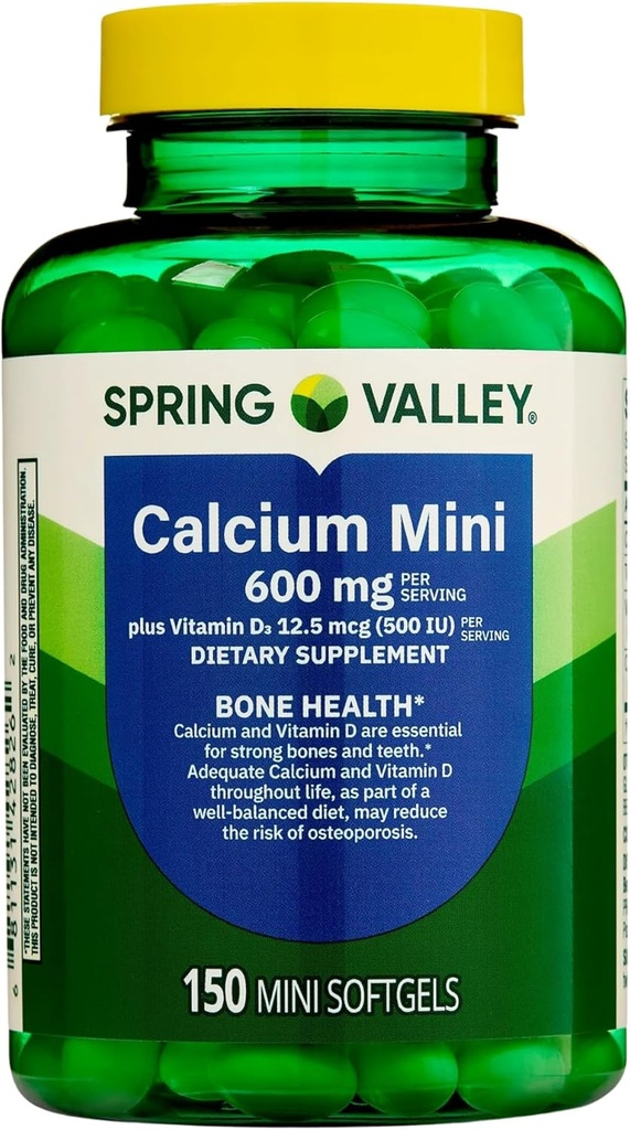 Valle de primavera Calcio 600 mg con vitamina D3, pequeñas pastillas, 150 mini Softgels, carbonato de calcio 600 mg, Incluye (KPplus pegatina)