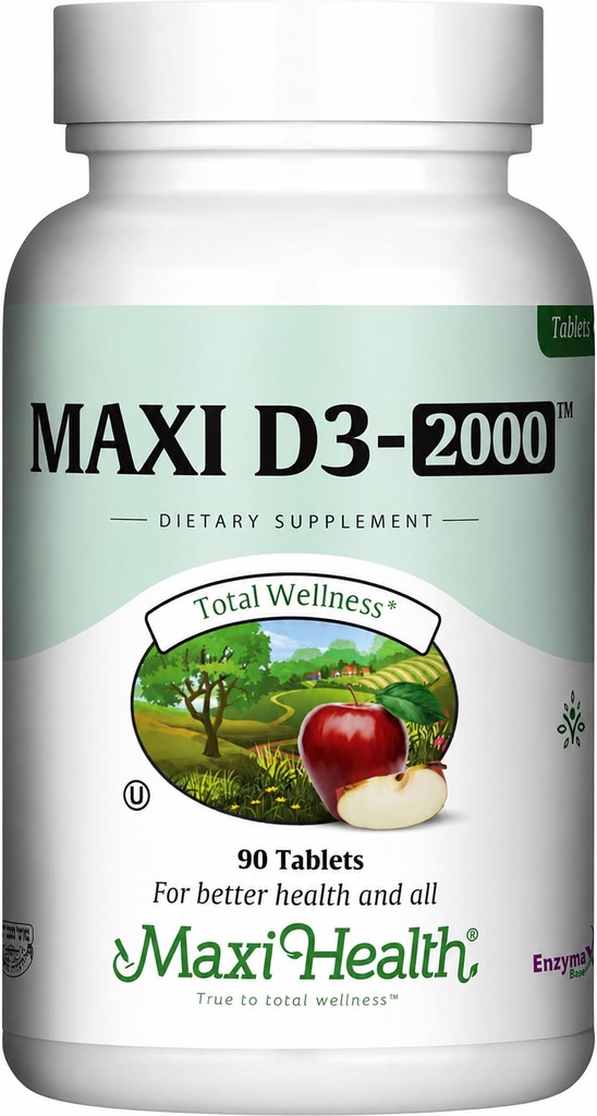Maxi-Health Vitamina D3 2000 UI - Para la función del músculo saludable, la salud del hueso y el apoyo inmunológico – 90 Tabletas – Mejor suplemento de Kosher para adultos