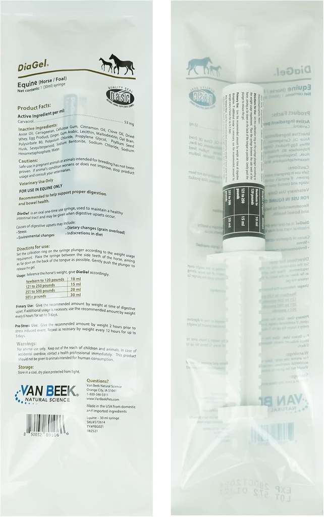 DiaGel for Equine - Orally Administered Gel for Occasional Loose Stools and Digestive Upset - Natural Horse Products - Van Beek Natural Science