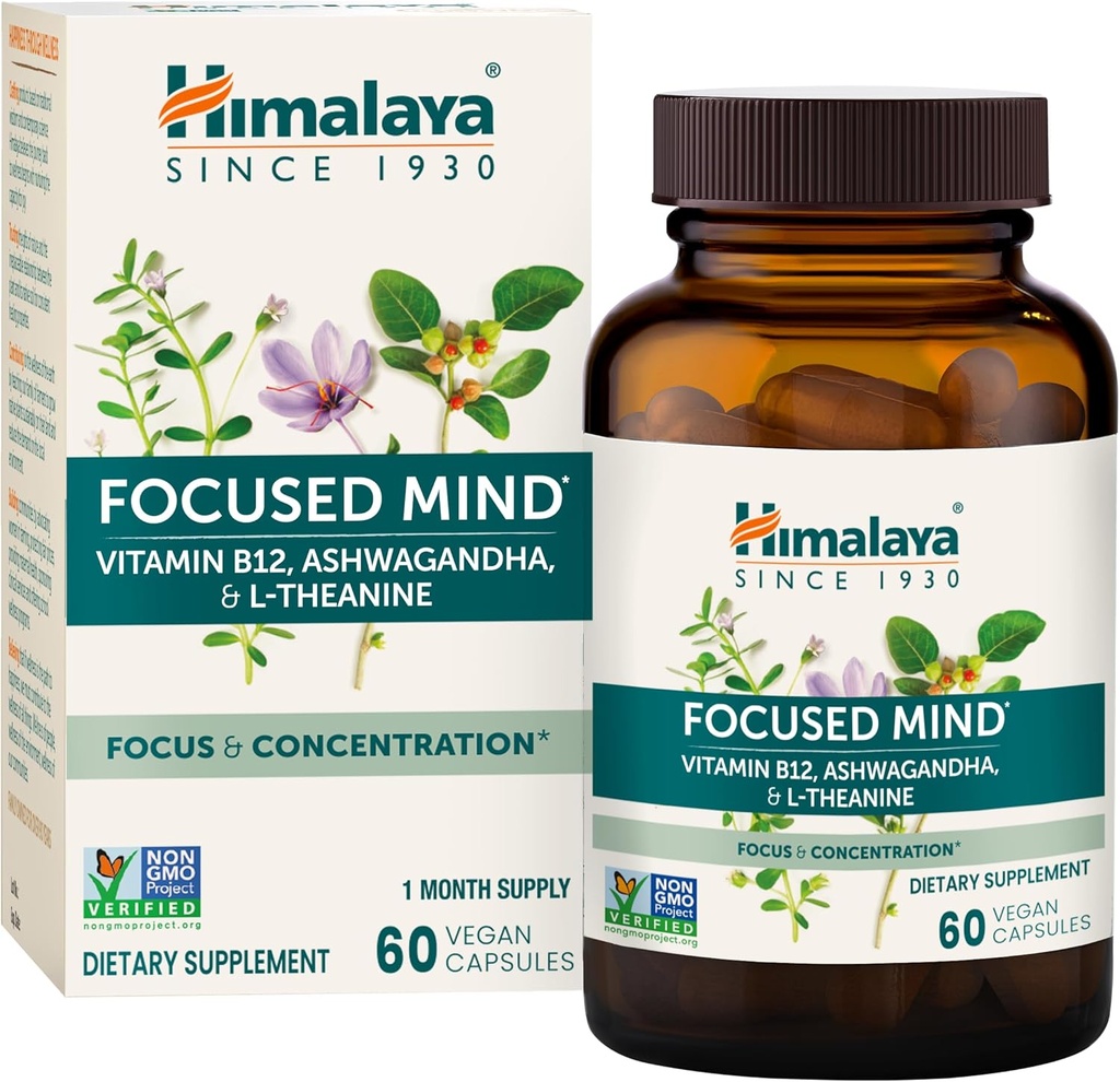 Himalaya Focused Mind with Ashwagandha, Bacopa & L-Theanine for Focus, Energy and Atención, 60 capsules, 1 Month Supply, Vegan, Gluten Free
