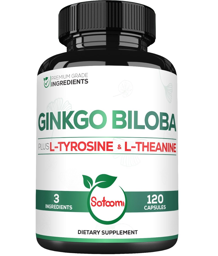 1000mg Ginkgo Biloba Suplementos con L-Tyrosine, L-Theanine - 120 cápsulas para fuente de 2 meses - Apoyo Focus, Función de Mermory, Salud cerebral y calidad de visión