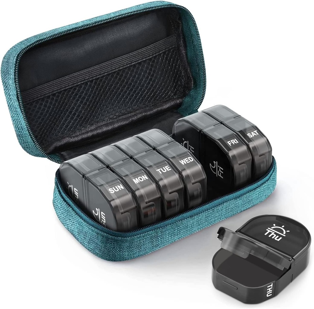 AUVON Canvas Bag Travel Pill Organizer 2 veces al día, gran AM/PM Caja semanal de píldoras 7 días con bolsa de cierre Cyan portátil para mantener suplementos, vitaminas y aceites de pescado