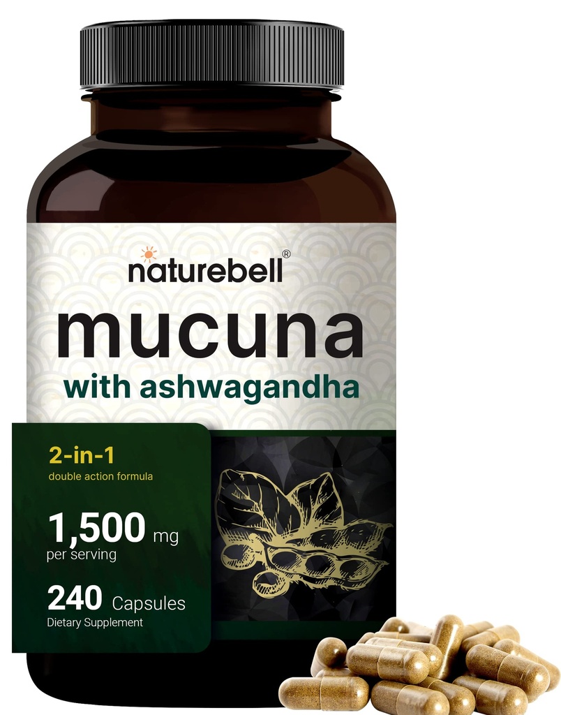 Mucuna Pruriens Capsules, Triple Fuerza 1500mg Por Serving, 2 en 1 Fórmula, Made with Mucuna and Ashwagandha, 240 cápsulas, Potent Seed Extract, Positive Mood, Relax &amp; Restoration Support