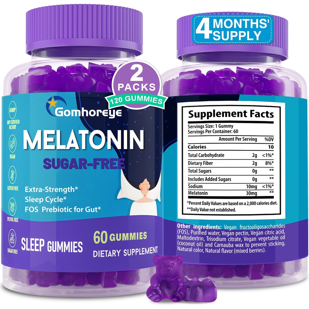 Melatonin Gummies 30mg para Adultos - Máxima Fuerza Melatonina Gummies para Relajación & Soothing, Exógeno Melatonina Suplemento con FOS para Immune, Gut Health y pH Balance, Sugar Gratis -120 Condes