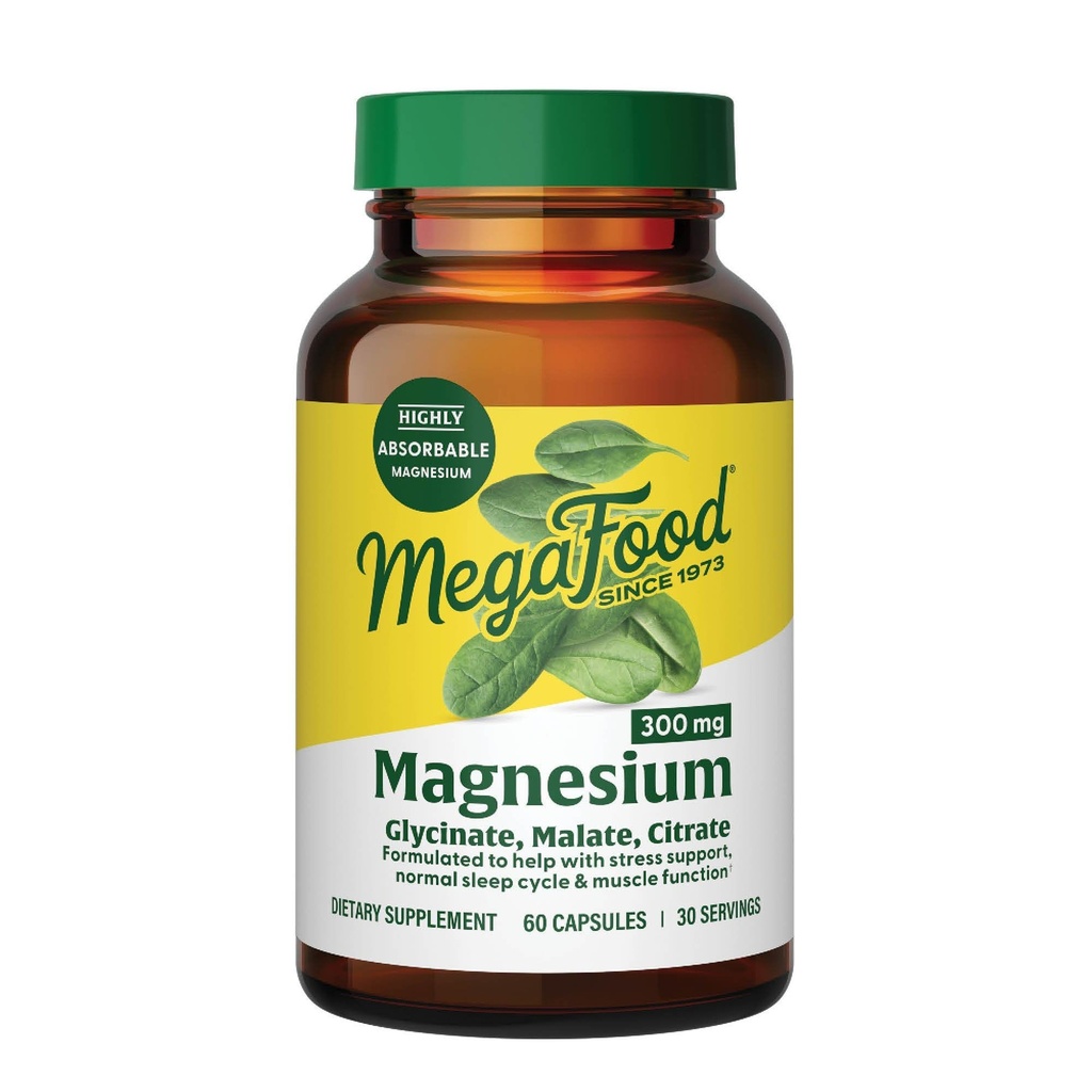 MegaFood Magnesium Glycinate, Citrato, Malate 300mg Suplemento - Highly Absorbable Blend to Support Heart, Nerve Health & Relaxation, Triple Magnesium Complex Suplemento, 60 cápsulas (30 servidos)
