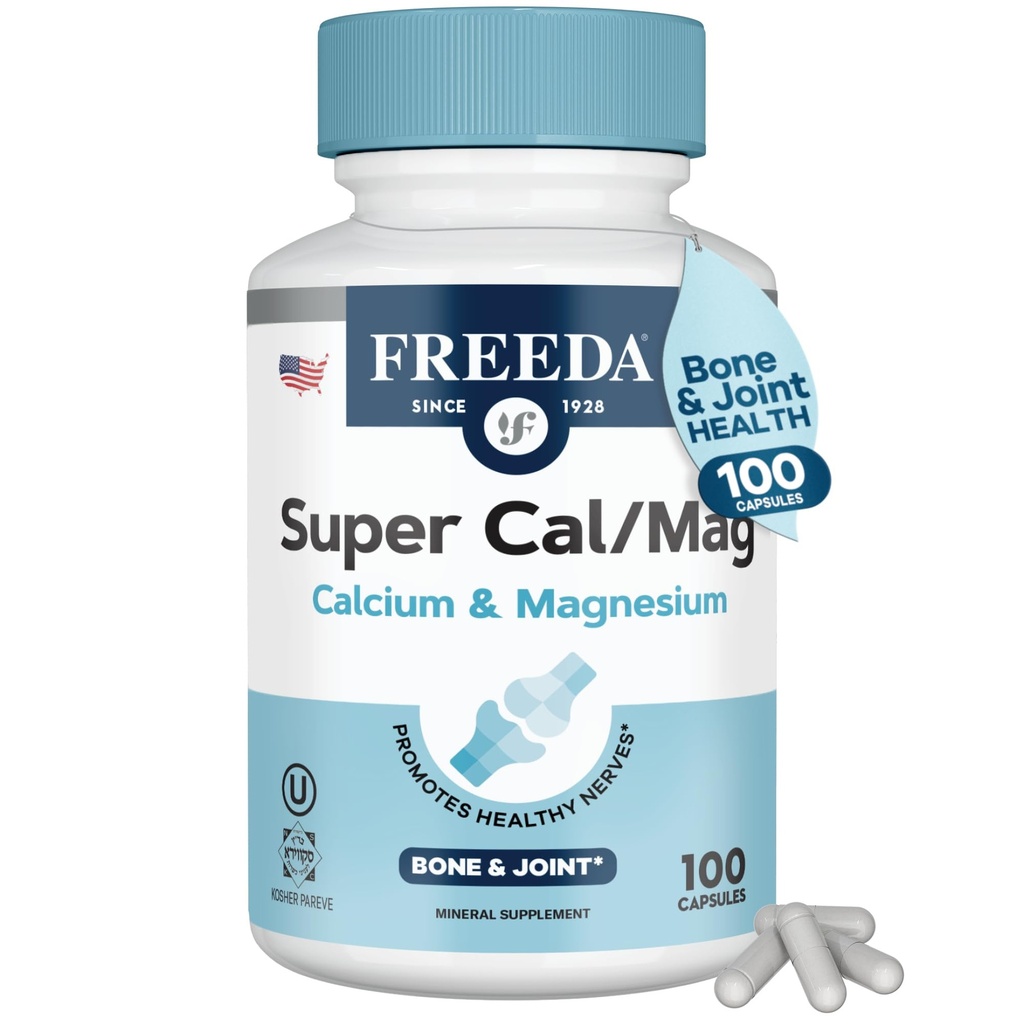 Freeda Super Cal/Mag – Kosher Vegan Bone Health Supplement – Supports Bone Strength, Nerve Function & Muscle Relaxation – Vegetarian Calcium Magnesium Capsules – Third-Party Tested – (100 cápsulas)