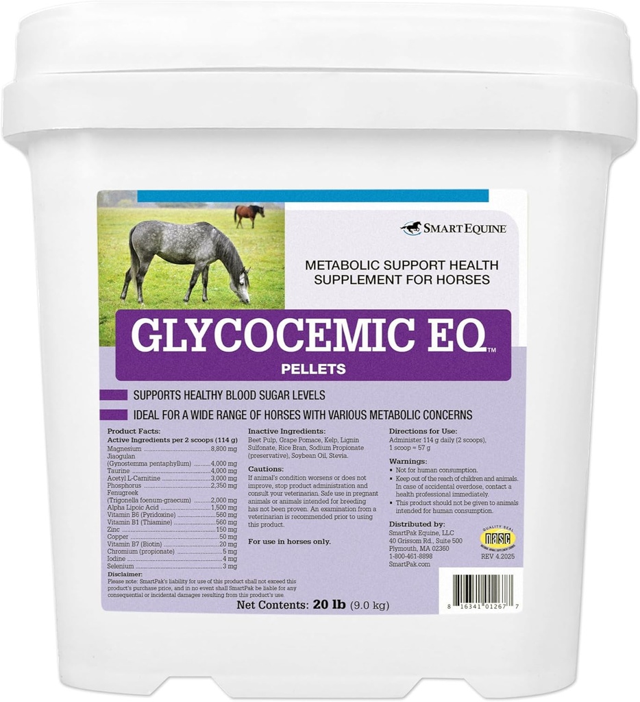 Glycocemic EQ Pellets ← Equine Metabolic Support ← para la función tiroidea y el soporte de peso saludable TEN Taurine, Jiaogulan y Más TEN 20 lb Bucket