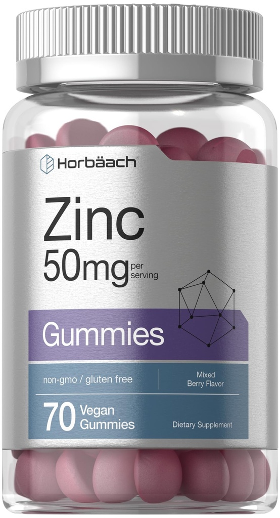 Horbäach Zinc 50mg TEN 70 Gummies ANTE Mixed Berry Flavor tó Vegan, Non-GMO y Gluten Free Formula ANTE Zinc Citrate Suplemento dietético